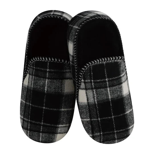 Pair of black and gray plaid slippers on a white background - okotoks hc pharmacy