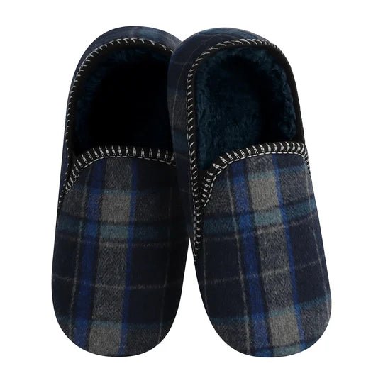 Pair of blue and gray plaid slippers on a white background - okotoks hc pharmacy
