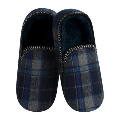 Pair of blue and gray plaid slippers on a white background - okotoks hc pharmacy