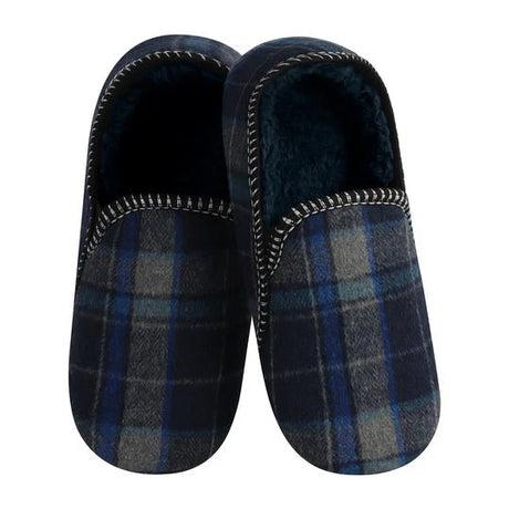 Pair of blue and gray plaid slippers on a white background - okotoks hc pharmacy