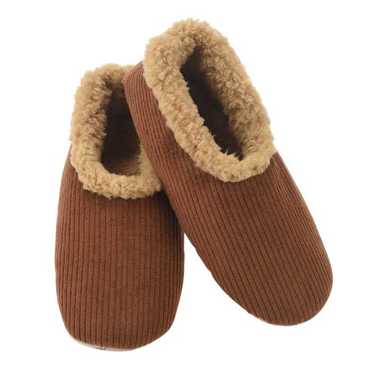 Pair of brown slippers with beige fur trim on a white background - okotoks hc pharmacy