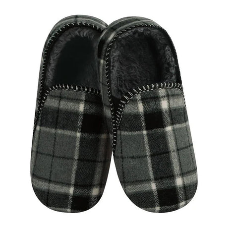 Pair of black and gray plaid slippers on a white background - okotoks hc pharmacy