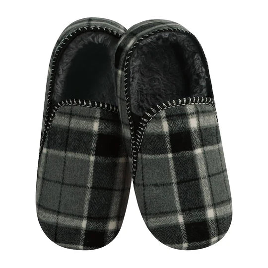Pair of black and gray plaid slippers on a white background - okotoks hc pharmacy