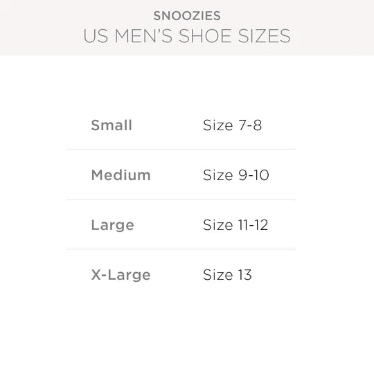 Shoe size chart for Snoozies men's products with sizes 7-8, 9-10, 11-12, and 13. - okotoks hc pharmacy