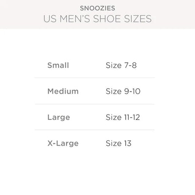 Shoe size chart for Snoozies men's products with sizes 7-8, 9-10, 11-12, and 13. - okotoks hc pharmacy