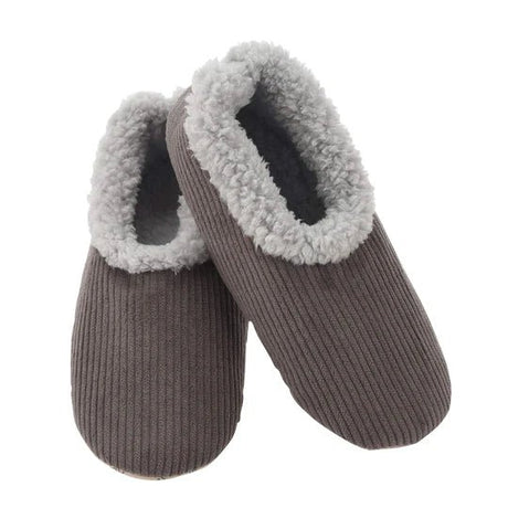 Pair of gray slippers with fuzzy trim on a white background - okotoks hc pharmacy