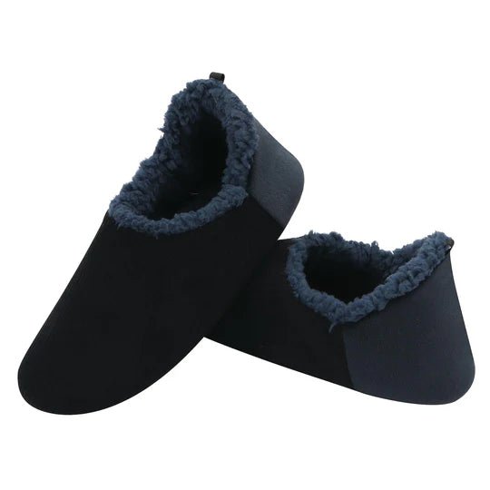 Pair of navy blue slippers with fuzzy trim on a white background - okotoks hc pharmacy