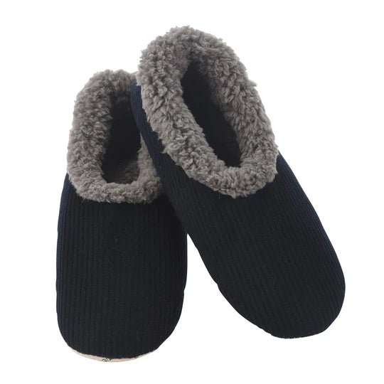 Pair of navy slippers with gray fuzzy trim on a white background - okotoks hc pharmacy