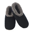 Pair of navy slippers with gray fuzzy trim on a white background - okotoks hc pharmacy