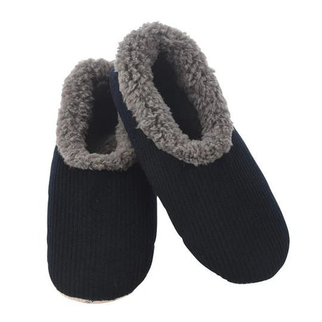 Pair of navy slippers with gray fuzzy trim on a white background - okotoks hc pharmacy