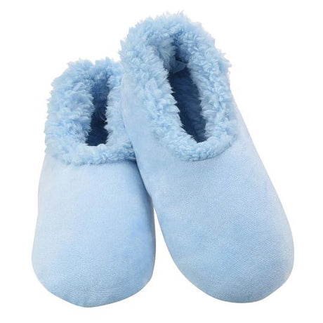 Pair of light blue slippers with fuzzy texture on a white background - okotoks hc pharmacy