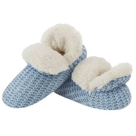 Pair of blue knitted slippers with white fuzzy lining on a white background - okotoks hc pharmacy