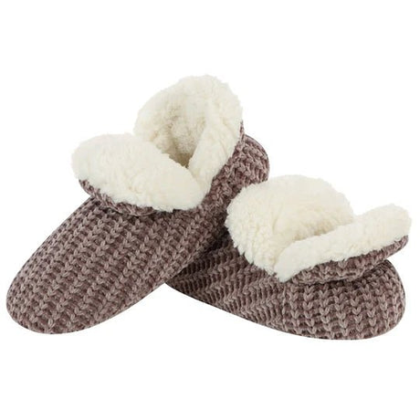Pair of brown knitted slippers with white fur lining on a white background - okotoks hc pharmacy