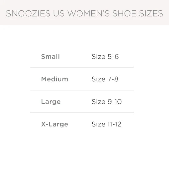 Snoozies women's shoe size chart on a white background - okotoks hc pharmacy