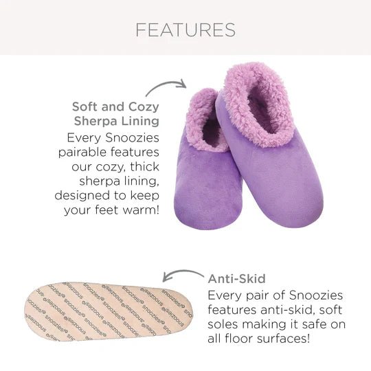 Purple slippers with text describing features like soft Sherpa lining and anti-skid soles on a white background. - okotoks hc pharmacy