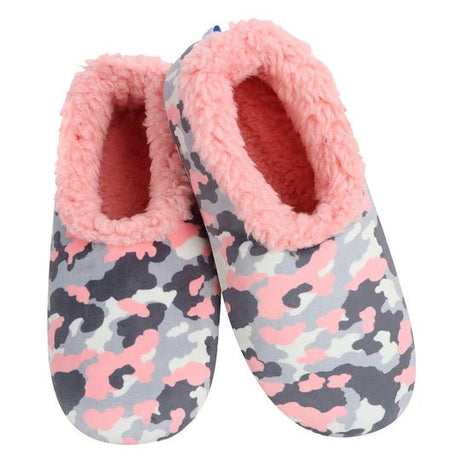 Pair of pink and gray camouflage slippers with fluffy pink interior on a white background - okotoks hc pharmacy