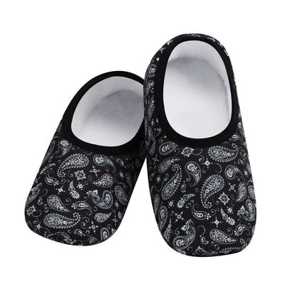 Pair of black and white patterned slippers on a white background - okotoks hc pharmacy