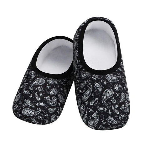 Pair of black and white patterned slippers on a white background - okotoks hc pharmacy