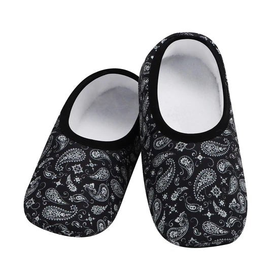 Pair of black and white patterned slippers on a white background - okotoks hc pharmacy