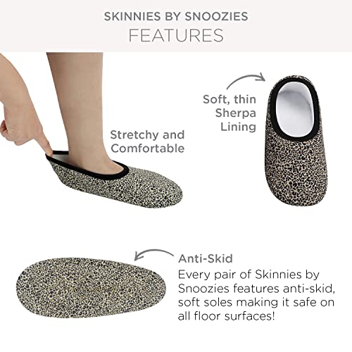 Skinnies by Snoozies slipper with text highlighting features like stretchy material, Sherpa lining, and anti-skid sole. - okotoks hc pharmacy