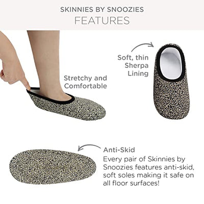Skinnies by Snoozies slipper with text highlighting features like stretchy material, Sherpa lining, and anti-skid sole. - okotoks hc pharmacy
