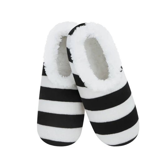 Pair of black and white striped slippers on a white background - okotoks hc pharmacy