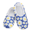 Pair of blue slippers with white daisy pattern on a white background - okotoks hc pharmacy