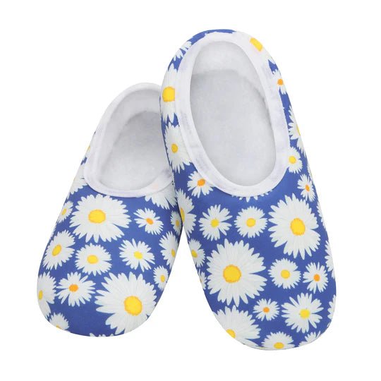 Pair of blue slippers with white daisy pattern on a white background - okotoks hc pharmacy