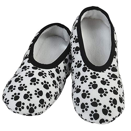 Pair of white slippers with black paw print pattern on a white background - okotoks hc pharmacy