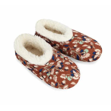 Pair of floral-patterned slippers with white fur lining on a white background - okotoks hc pharmacy