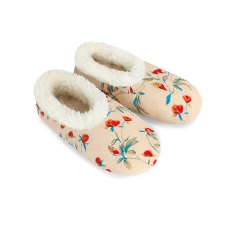 Pair of floral-patterned slippers with fluffy white interior on a white background - okotoks hc pharmacy
