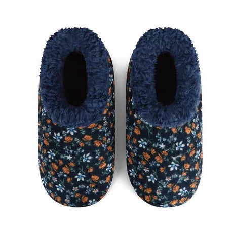 Pair of navy blue slippers with floral pattern on a white background - okotoks hc pharmacy