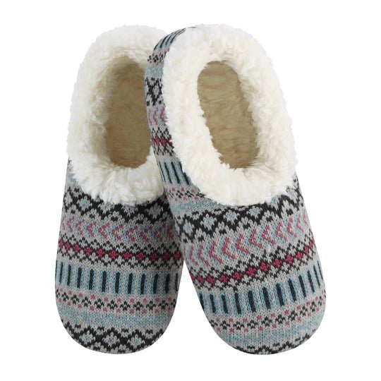 Pair of patterned slippers with white fur lining on a white background - okotoks hc pharmacy