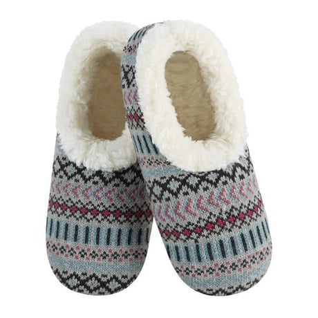 Pair of patterned slippers with white fur lining on a white background - okotoks hc pharmacy