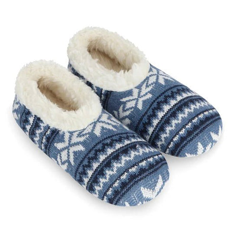 Pair of blue and white patterned slippers with fluffy interior on a white background - okotoks hc pharmacy