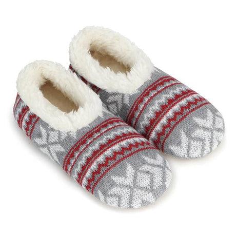 Pair of gray and red patterned slippers with white fur lining on a white background - okotoks hc pharmacy