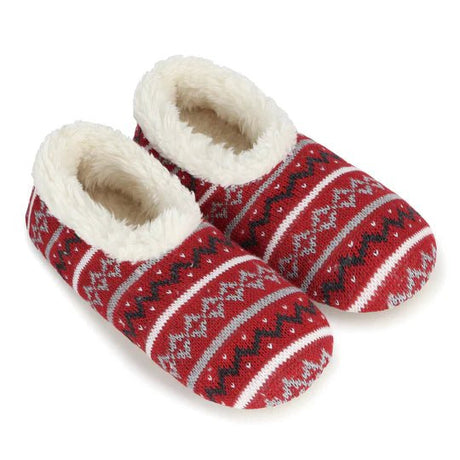 Red patterned slippers with white fur lining on a white background - okotoks hc pharmacy