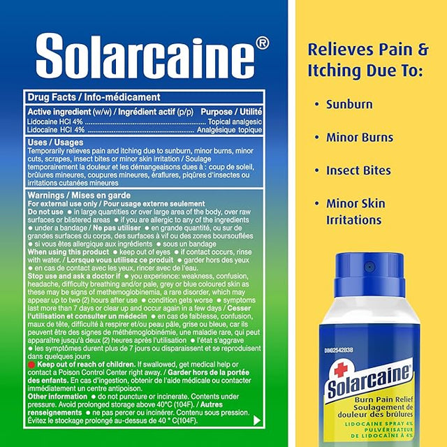 Solarcaine pain relief product with label and bottle on a blue and yellow background - okotoks hc pharmacy