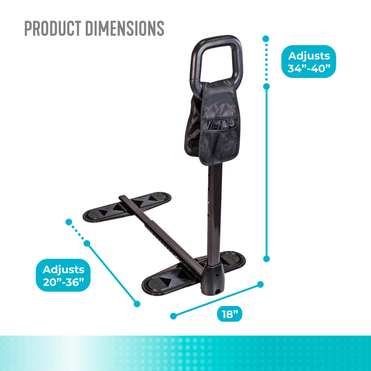 Product dimensions diagram of a adjustable couch cane with measurements on a white background - okotoks hc pharmacy