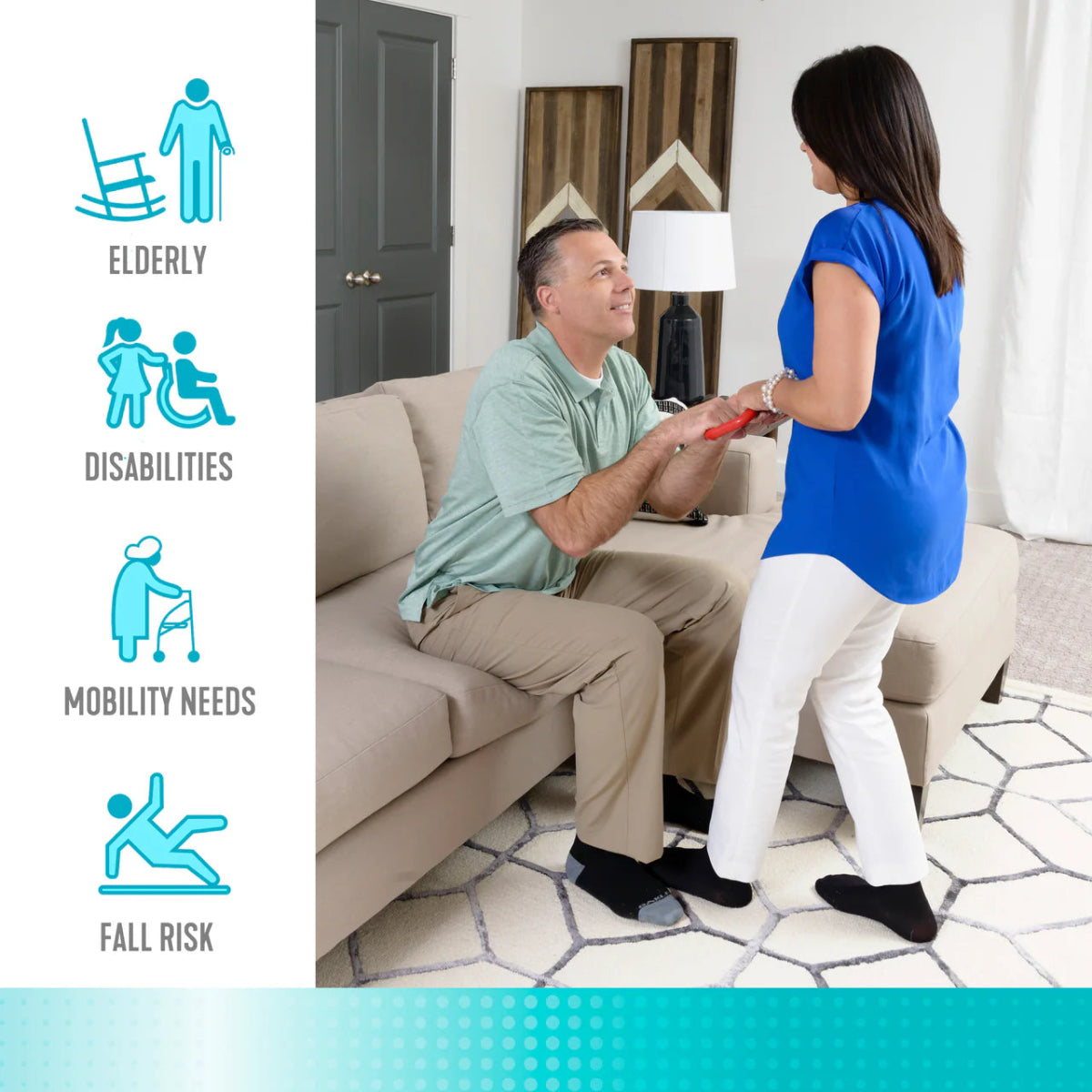 Woman helping an elderly man with a walking aid in a living room. - Okotoks HC Pharmacy