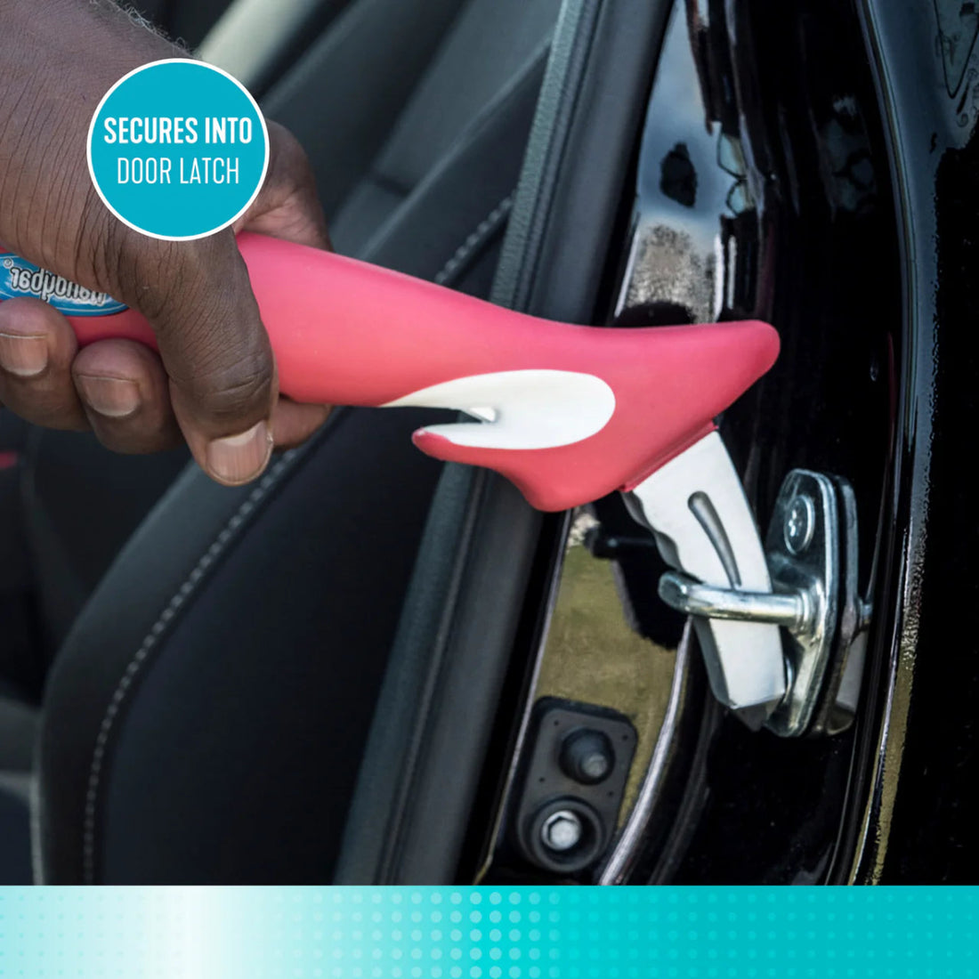 Red car door lock cover being held by a hand with text 'Secures into door latch' . - Okotoks HC Pharmacy