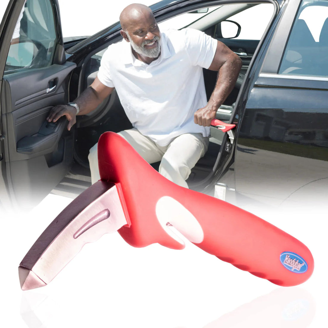 Man getting into a car with a red car seatbelt clip in the foreground - Okotoks HC Pharmacy
