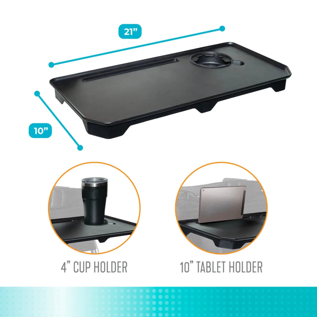 Black walker tray with measurements and cup and tablet holder insets on a white background - okotoks hc pharmacy