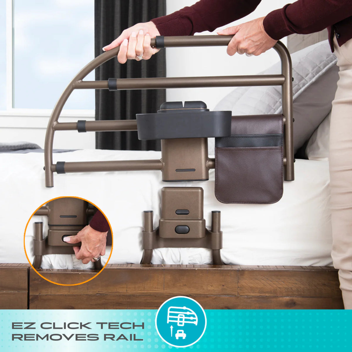 Bed rail being adjusted by a person with an inset showing the 'EZ Click Tech' feature. - okotoks hc pharmacy