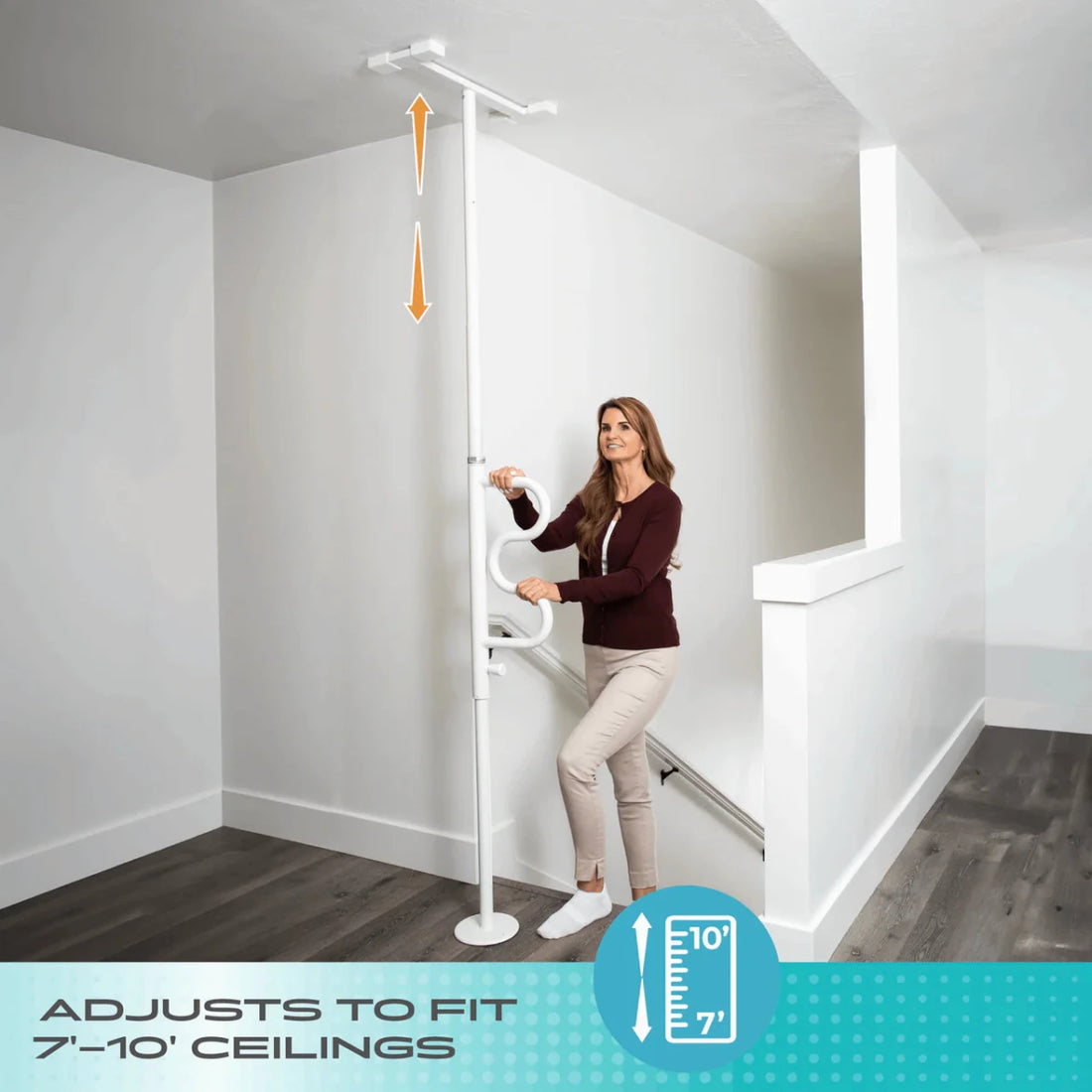 Woman adjusting a white ceiling-mounted storage system in a room with wooden flooring and white walls. - okotoks hc pharmacy