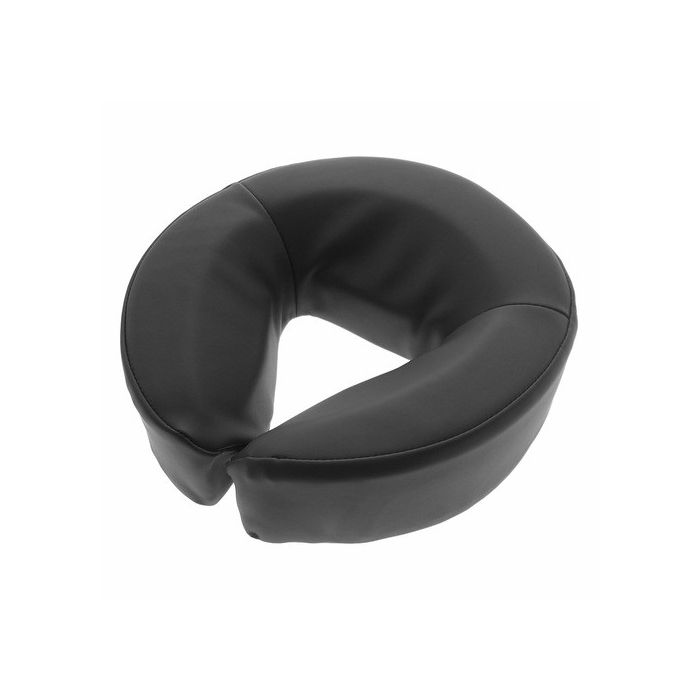 A black faux-leather neck cradle or massage pillow, shown from a top-down perspective on a solid white background. - okotoks hc pharmacy