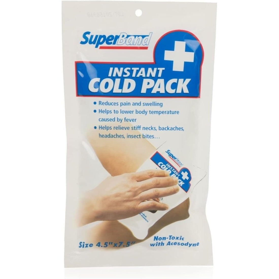 SuperBand instant cold pack packaging with a hand holding the pack. - okotoks hc pharmacy
