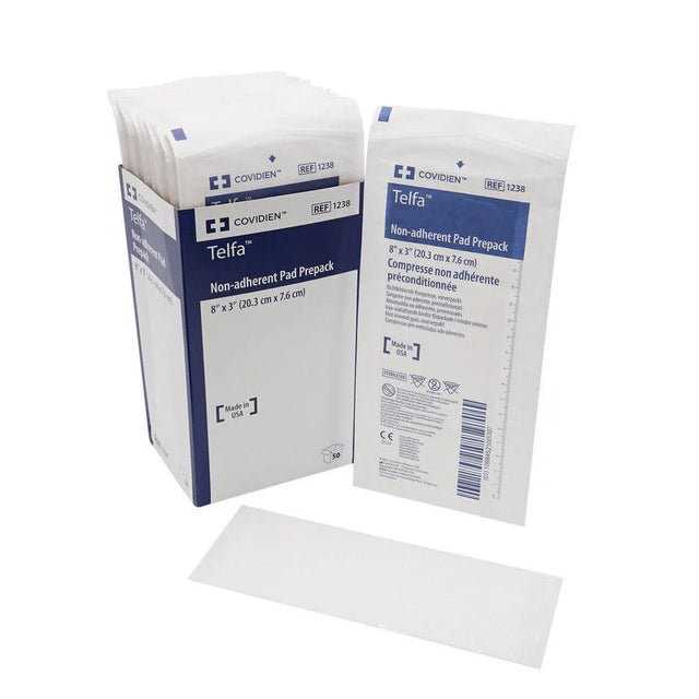 Telfa non-adherent pad prepack with packaging on a white background - okotoks hc pharmacy