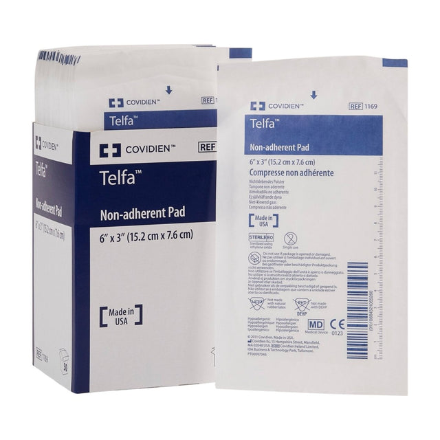 Covidien Telfa non-adherent pad packaging on a white background - okotoks hc pharmacy