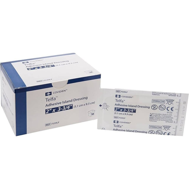 Telfa adhesive island dressing packaging with a box and a single strip on a white background. - okotoks hc pharmacy